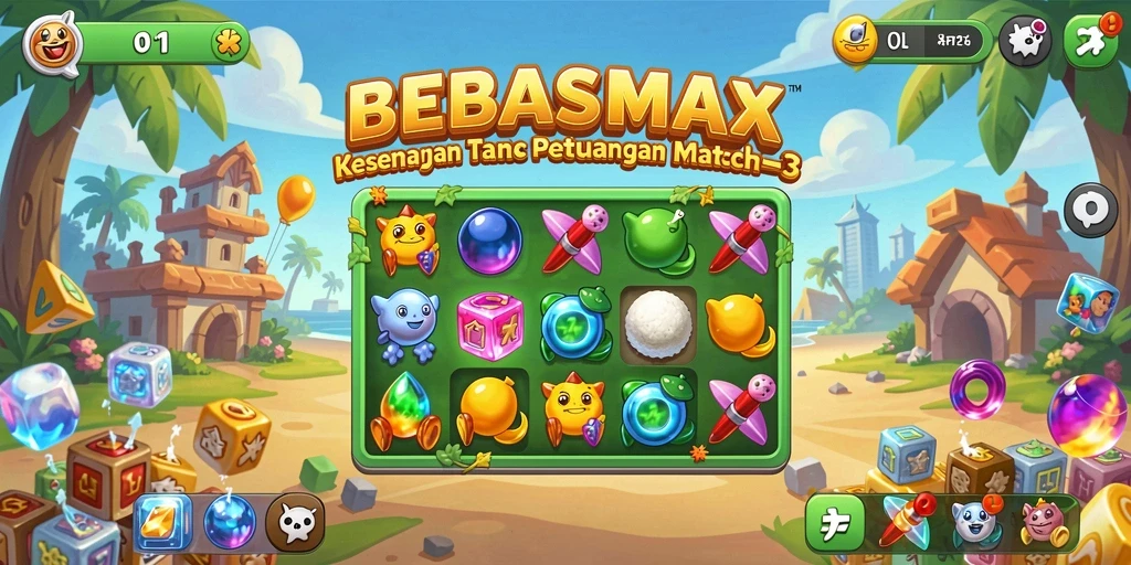 Tampilan gameplay seru di BEBASMAX dengan elemen Match-3 yang penuh warna.
