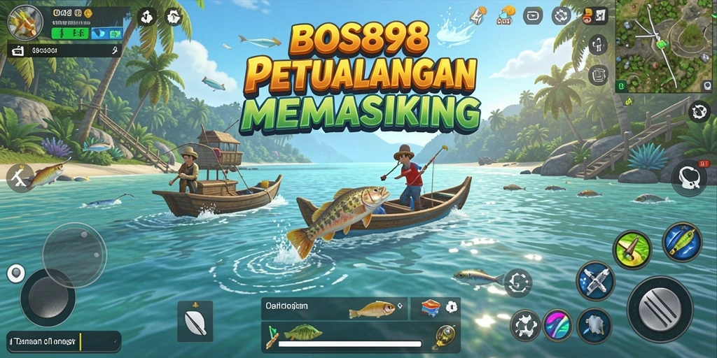 Screenshot utama BOS898 menampilkan pemain sedang memancing di danau yang indah.