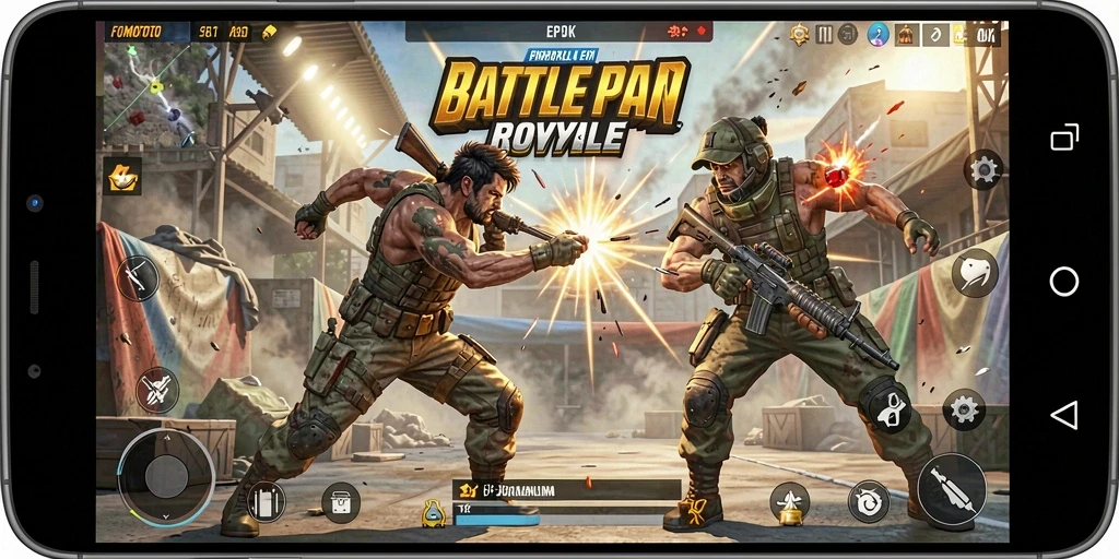 Screenshot gameplay FOMOTOTO menampilkan aksi Battle Royale yang mendebarkan.