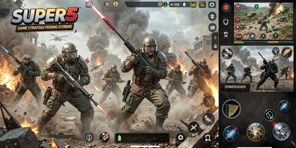 Tangkapan layar utama gameplay SUPER5 dengan aksi strategi yang intens.