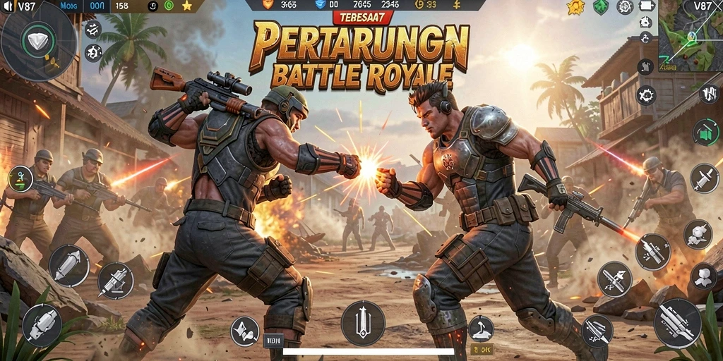 Gameplay V87 yang penuh aksi dan strategi dalam Battle Royale.